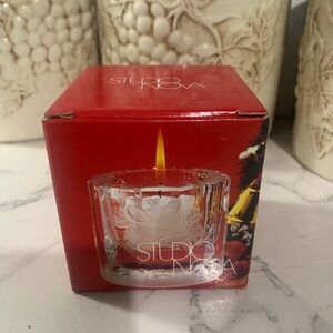 Studio Nova Clear Etched Glass Holiday Candle Holder with Red Packaging